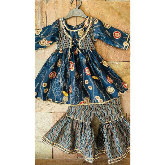 English Blue Kurta with Attached Yoke Jacket & Sharara for Girls
