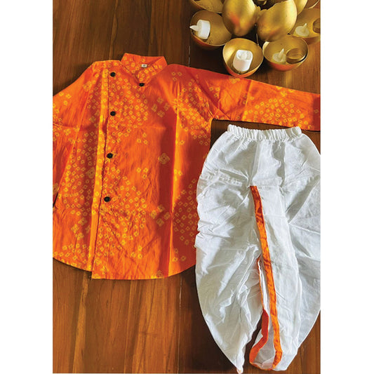 Orange Bandhani Cotton Kurta with Side Button & Dhoti Pants for Boys
