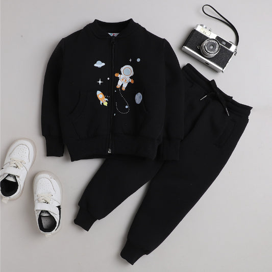 Unisex Full Sleeves Space Printed Warm Fleece Jacket & Joggers - Black