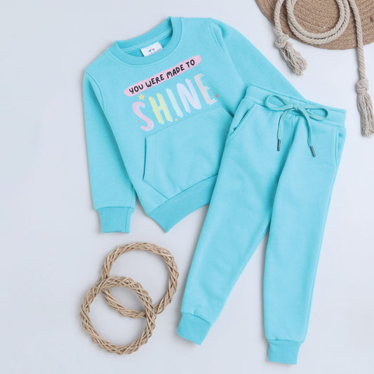 Unisex Full Sleeves Shine Printed Warm Fleece Sweatshirt & Joggers - Ocean Blue