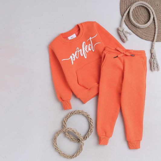 Unisex Full Sleeves Perfect Printed Warm Fleece Jacket & Joggers - Orange