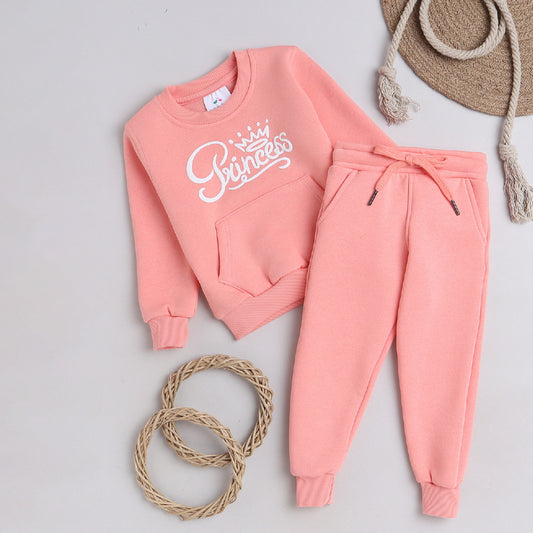 Girls Full Sleeves Princess Printed Warm Fleece Jacket & Joggers - Baby Pink