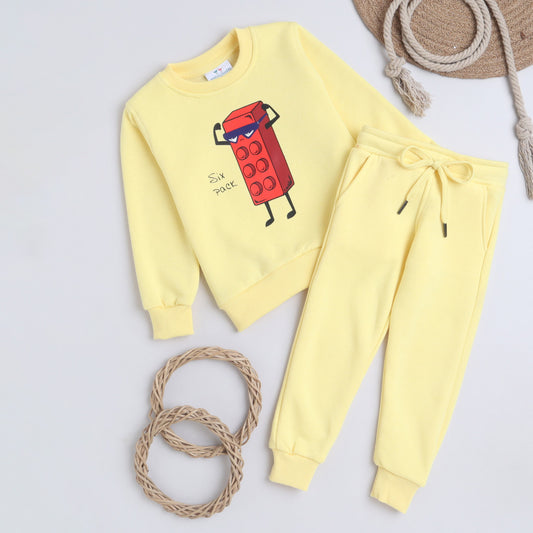 Unisex Full Sleeves Puzzle Block Printed Warm Fleece Jacket & Joggers - Yellow