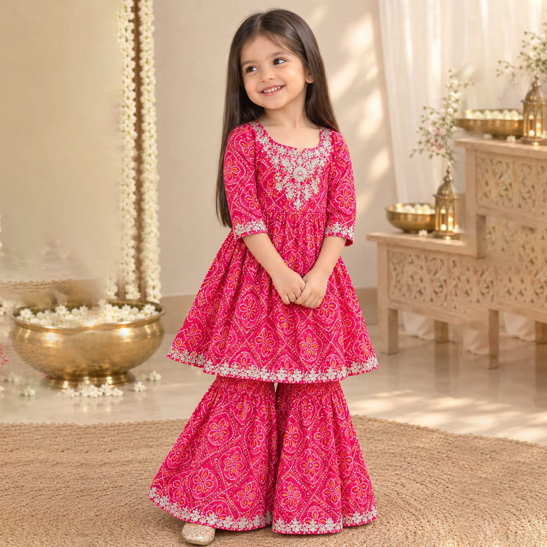 Red Bandhini Print Cotton Kurta Sharara Set for Girls