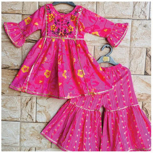 Light Pink Cotton Sharara with Thread Embroidered Yoke for Girls