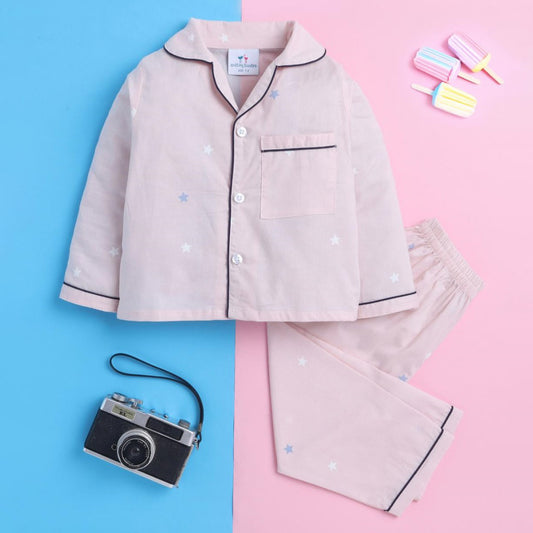 Light Pink Unisex Night Suit with Star Print