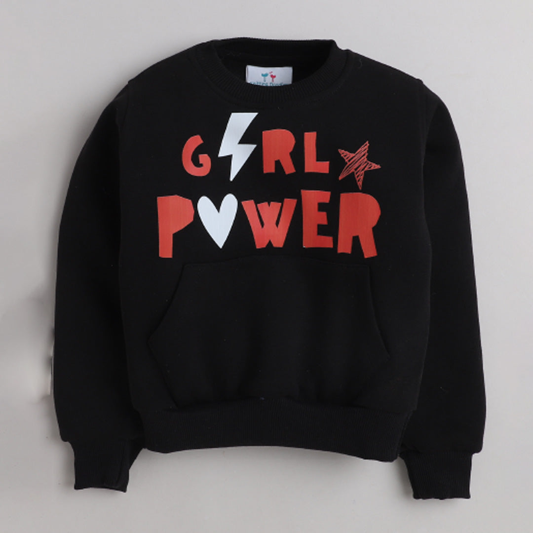 Girls Full Sleeves Girls Power Printed Jacket - Black