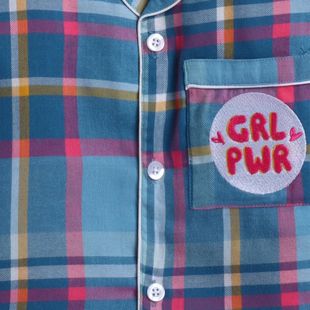 Unisex Checks Night Suit with Girl Power Embroidery On Pocket