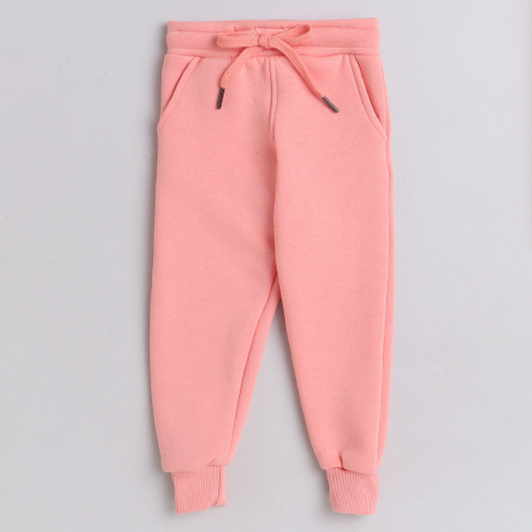 Girls Full Sleeves Princess Printed Warm Fleece Jacket & Joggers - Baby Pink