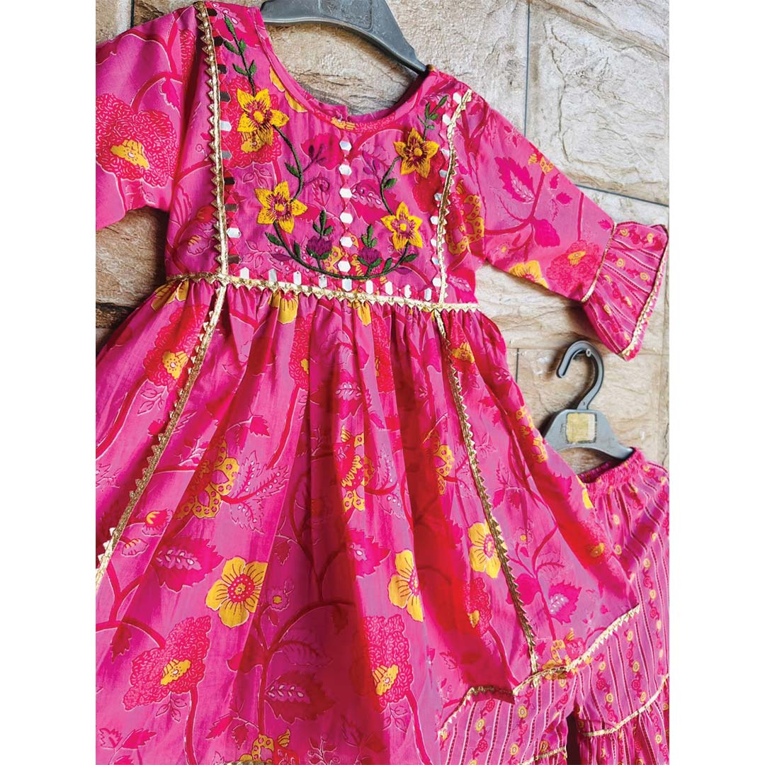 Light Pink Cotton Sharara with Thread Embroidered Yoke for Girls