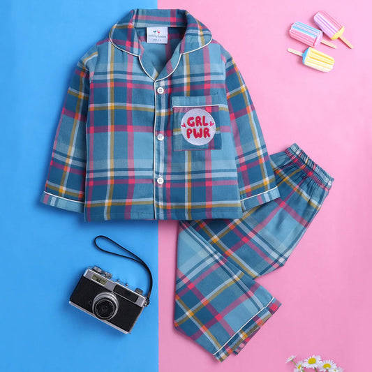 Unisex Checks Night Suit with Girl Power Embroidery On Pocket
