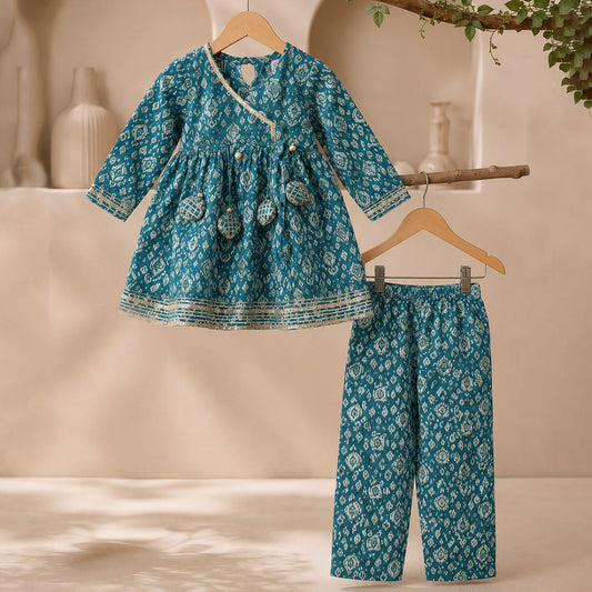 Ikkat Print Sea Green Cotton Kurta Set for Girls