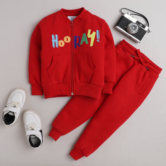 Unisex Full Sleeves Hooray Printed Warm Fleece Jacket & Joggers - Red
