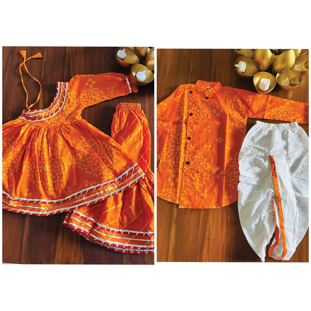 Orange Bandhani Cotton One-Shoulder Kurta with Sharara for Girls