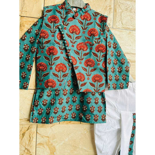 Red Blossom Kurta Jacket Set with Dhoti