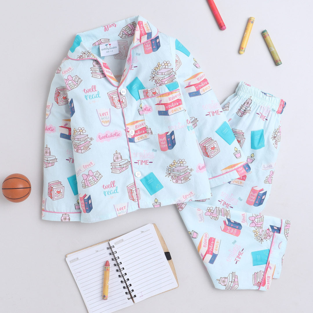 Light Blue Books Theme Full sleeve Night Suit