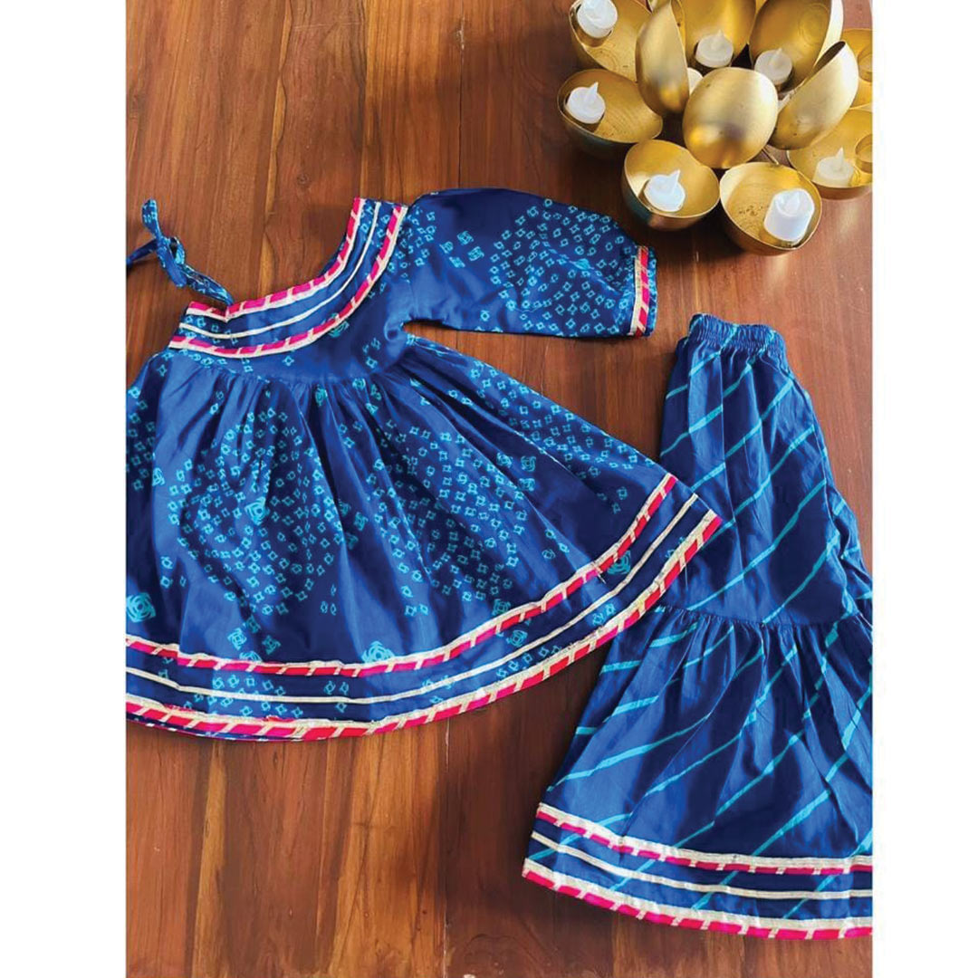 Blue Bandhani Cotton Twinning Set – One Shoulder Kurta with Sharara