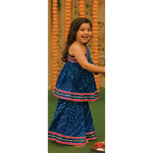 Blue Bandhani Cotton Twinning Set with One-Shoulder Kurta and Sharara for Girls