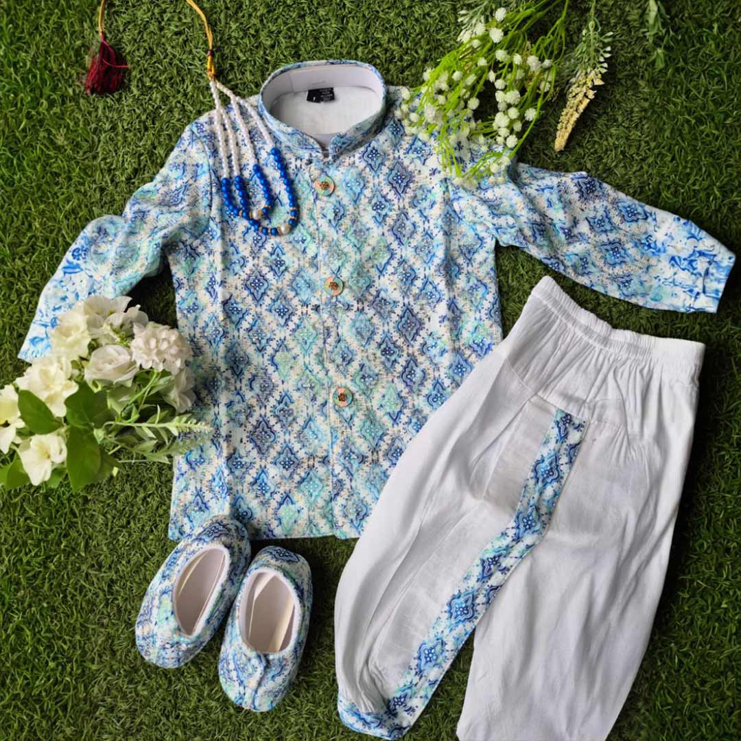 Blue Sherwani Kurta Dhoti Set with Pyjama, Shoes & Brooch for Baby Boys