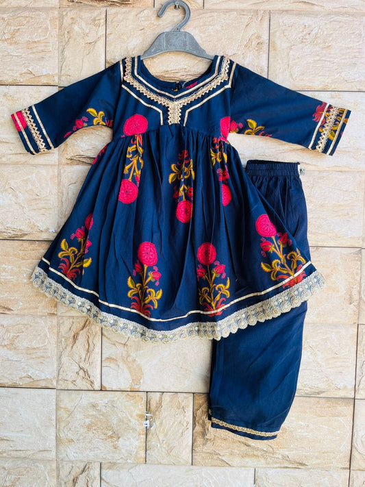 Dark Blue Cotton Flared Kurta with Lace Detailing and Floral Print, Paired with Pants for Girls