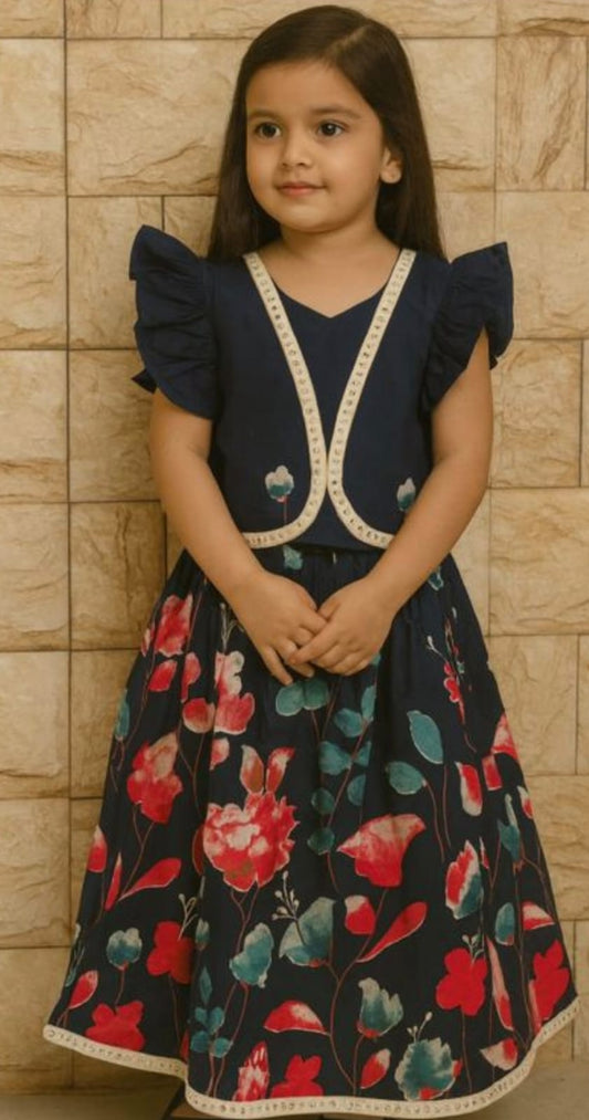Dark Blue Floral Cotton Lehenga Skirt with Stylish Top for Girls