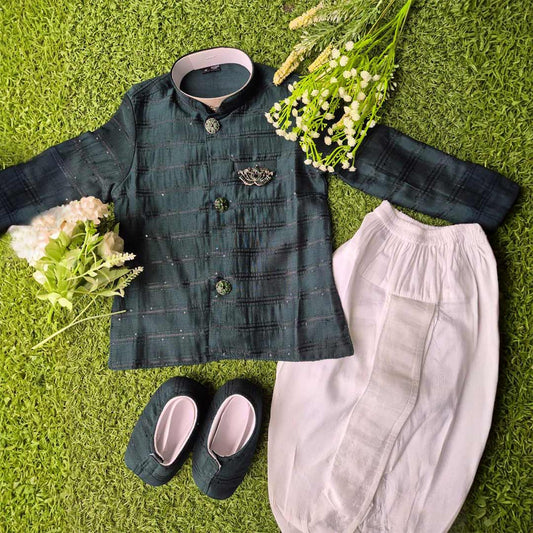 Emerald Green Sherwani Kurta Dhoti Set with Pyjama, Shoes & Brooch for Baby Boys