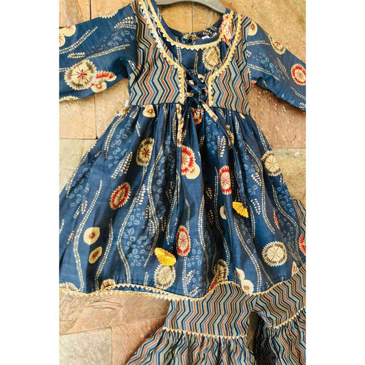 English Blue Cotton Kurta with Attached Yoke Jacket and Sharara for Girls