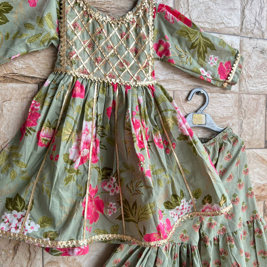 Green Floral Sharara With Gota Detailing On Yoke