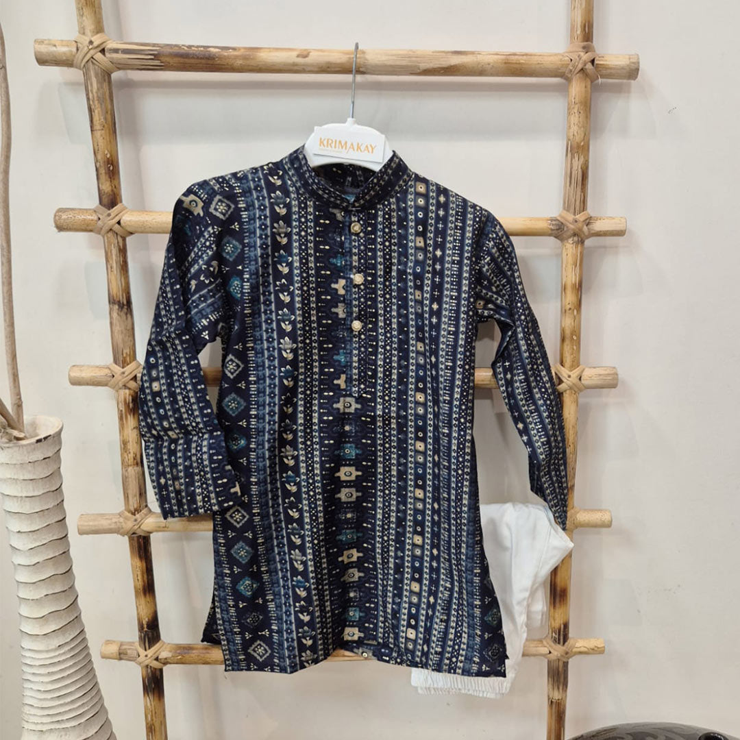 Ink Blue Pure Cotton Kurta with White Pyjama for Boys