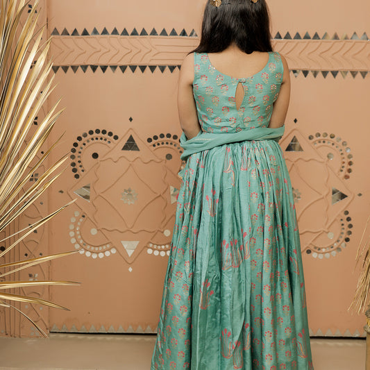 Teal Green Block Printed Lehenga Set with Dupatta for Girls