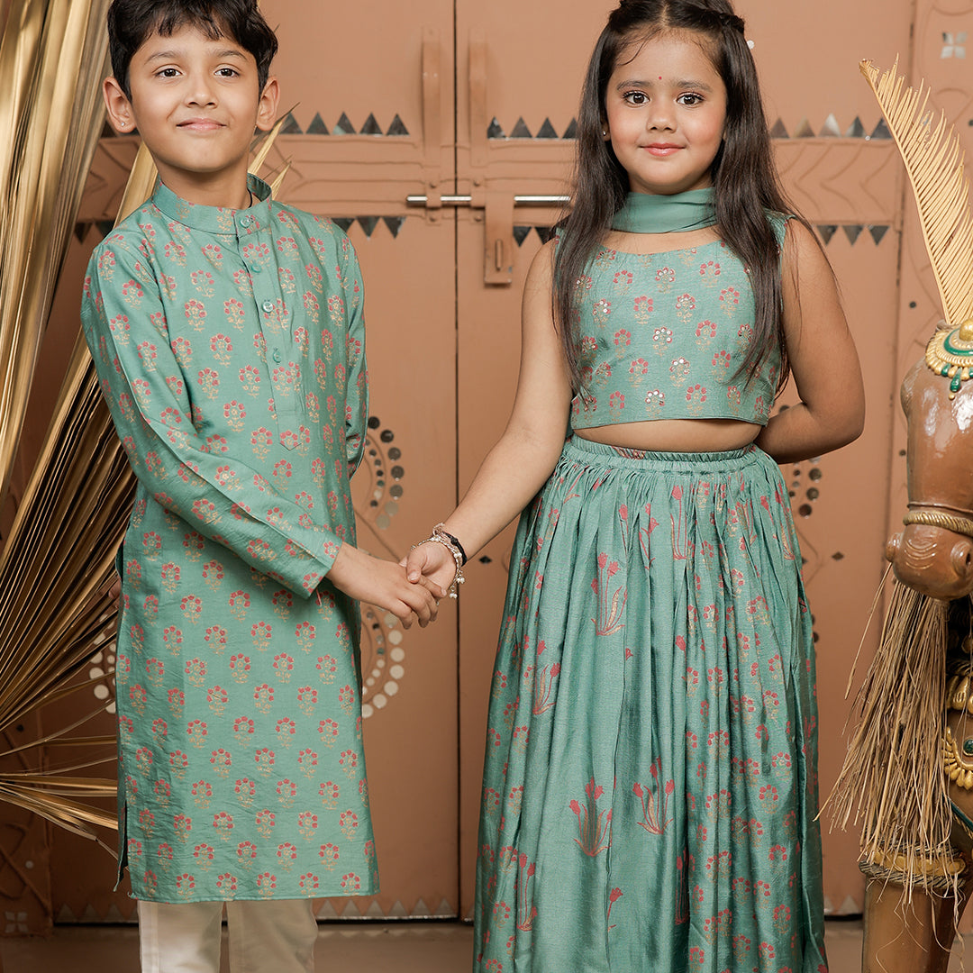 Teal Green Block Printed Kurta Pajama Set for Boys