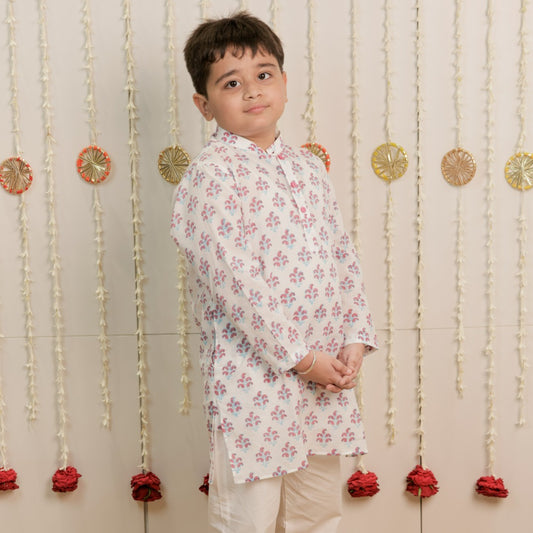 White Paisley Hand Block Printed Kurta Set for Boys