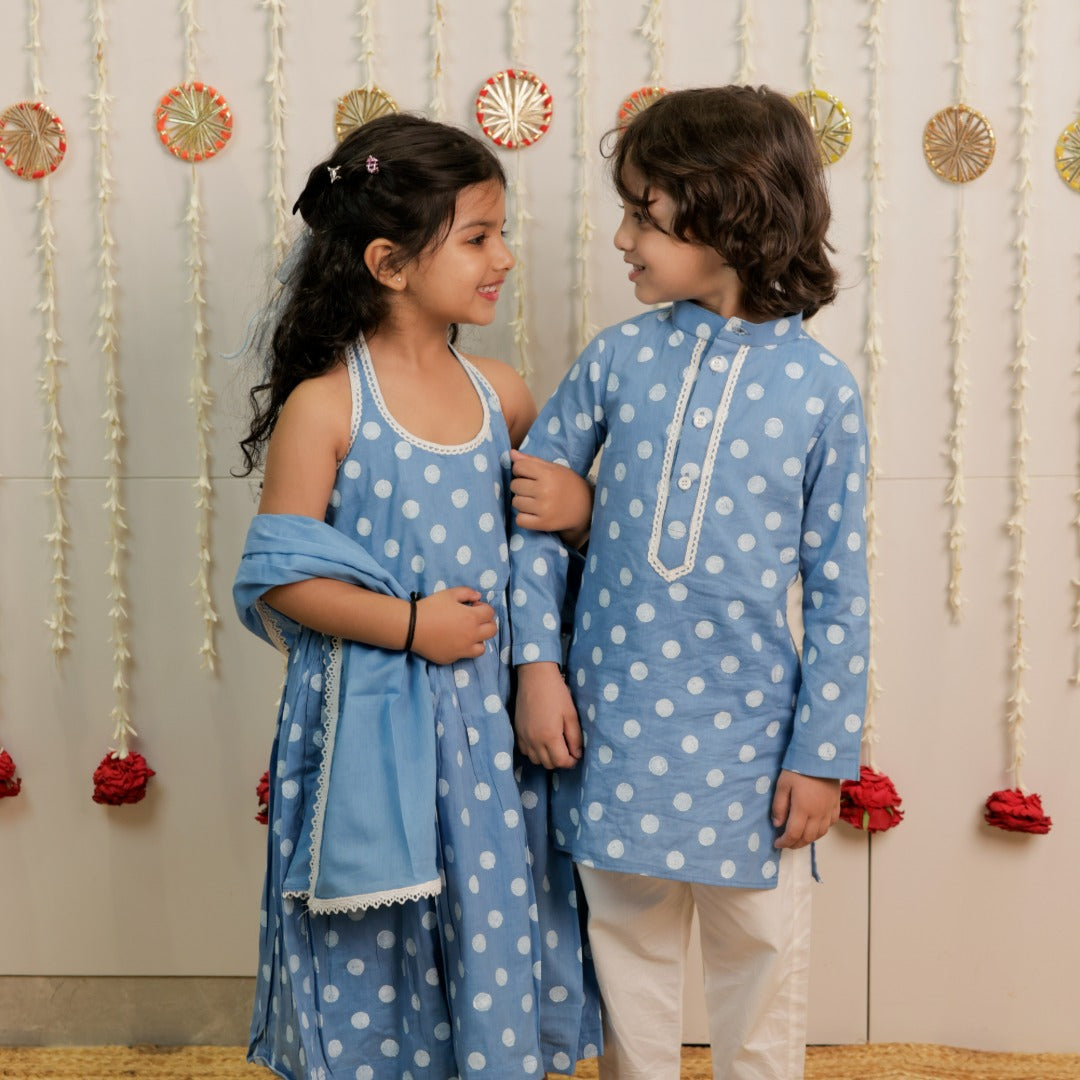 Sky Blue Polka Dot Hand Block Printed Kurta Set for Boys
