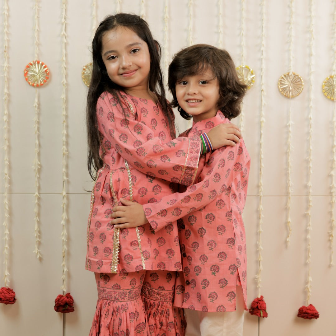 Blush Bloom Hand Block Printed Kurta Set for Boys