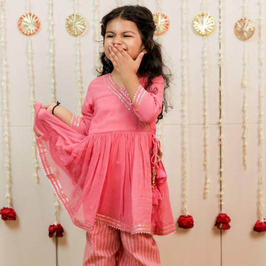 Pink Peach Hand Block Printed Angrakha Set with Pants for Girls