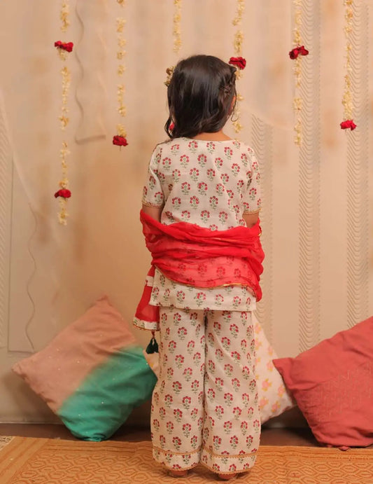 Off-white And Cherry Red Kurta With Pants And Dupatta Krimakay