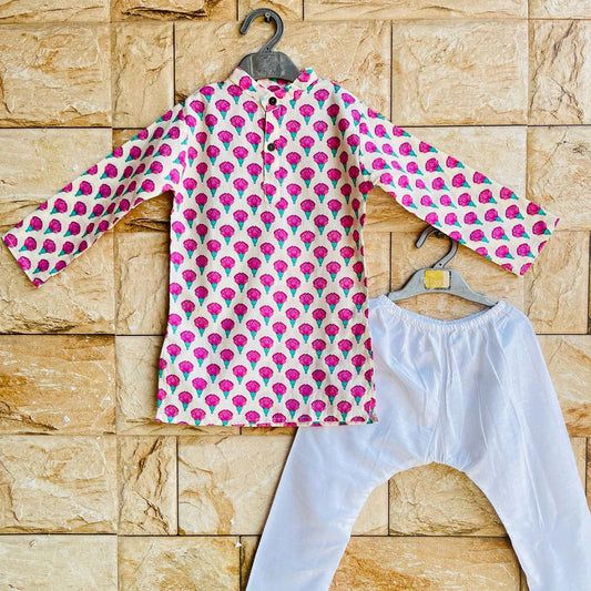 Pink Motif Pure Cotton Kurta with White Pyjama for Boys