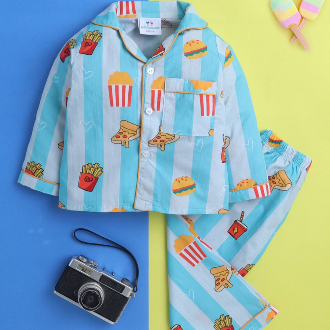 Blue Junk Food Print Nightsuit