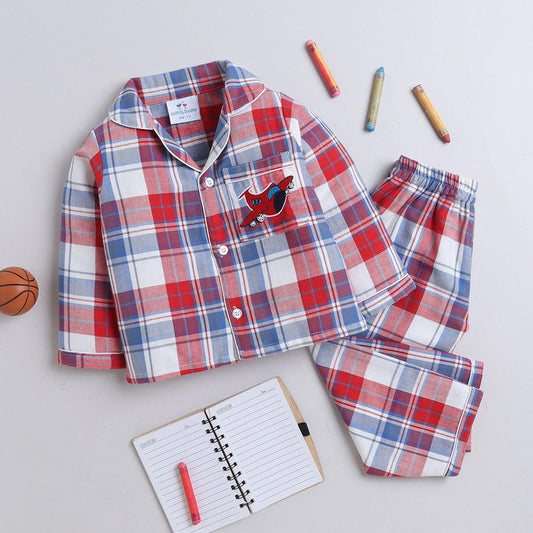 Unisex Checks Night Suit with Plane Embroidery On Pocket