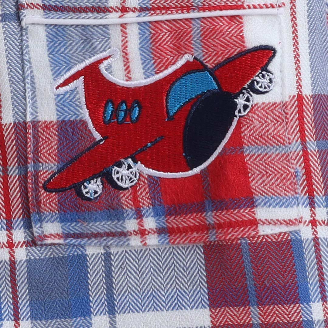 Unisex Checks Night Suit with Plane Embroidery On Pocket