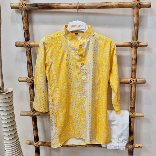 Sunshine Yellow Shaded Pure Cotton Kurta with White Pyjama for Boys
