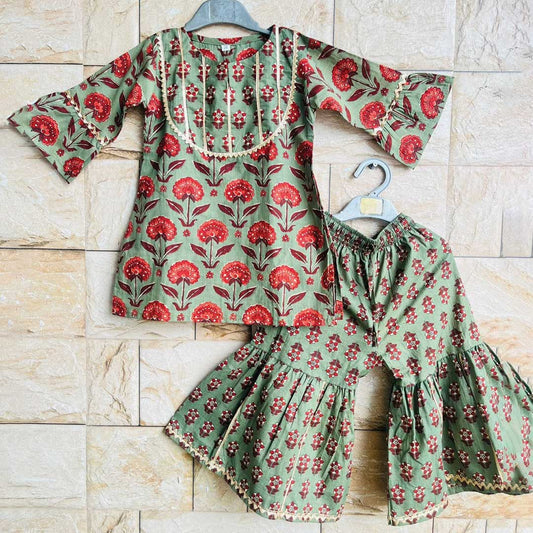 Teal Cotton Straight Cut Kurti with Matching Sharara for Girls