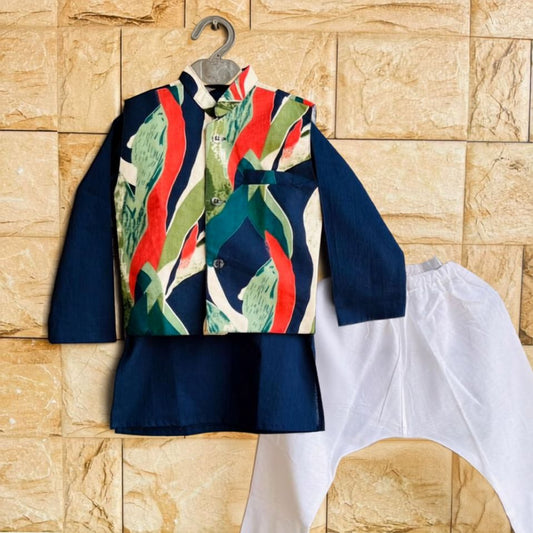 Geometrical Print Bundi Set with Navy Blue Kurta for Boys