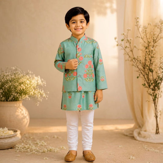 A young boy stands indoors wearing a mint green embroidered kurta with pink floral motifs, white trousers, and tan shoes. The room has warm neutral walls, draped cream fabric, and potted white flowers.