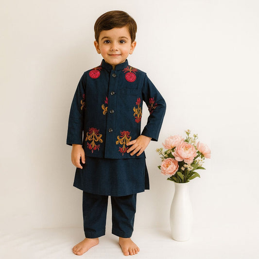 Dark Blue Cotton Bundi Set with Intricate Print for Boys