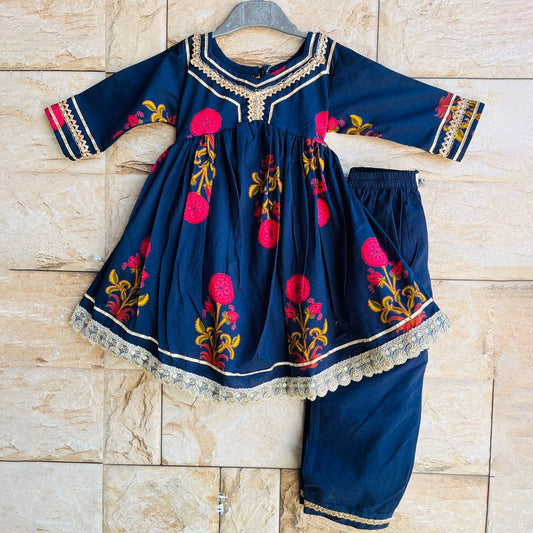 Dark Blue Floral Cotton Flared Kurta with Lace & Pants for Girls