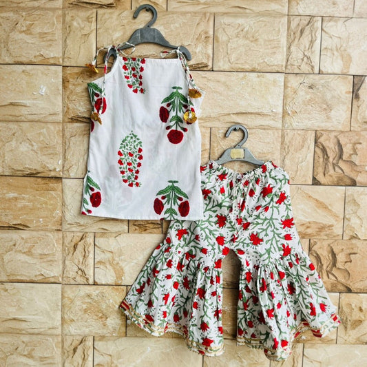 White & Red Floral Block Print Sleeveless Kurti with Sharara