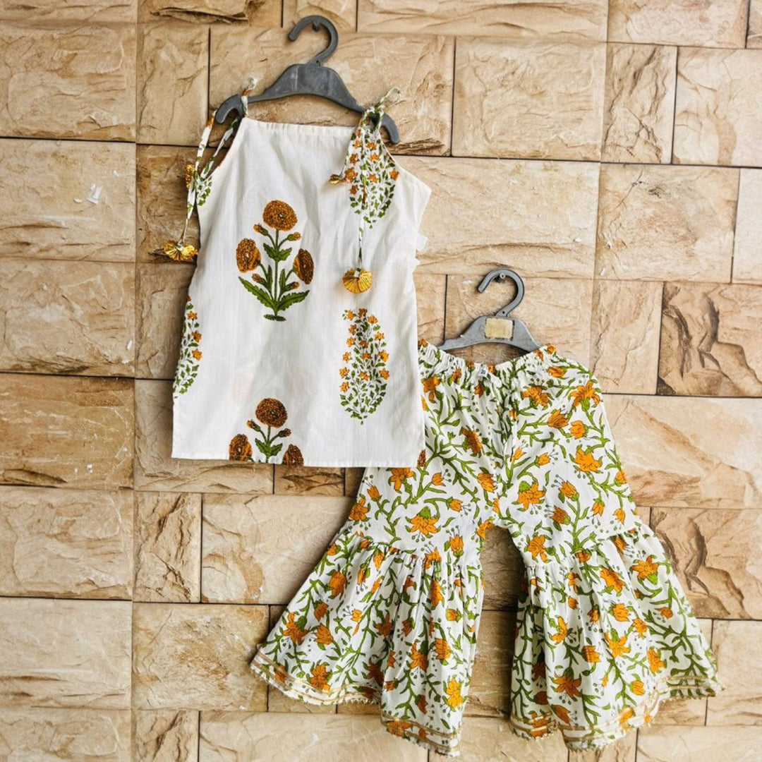 White & Yellow Floral Block Print Sleeveless Kurti with Sharara
