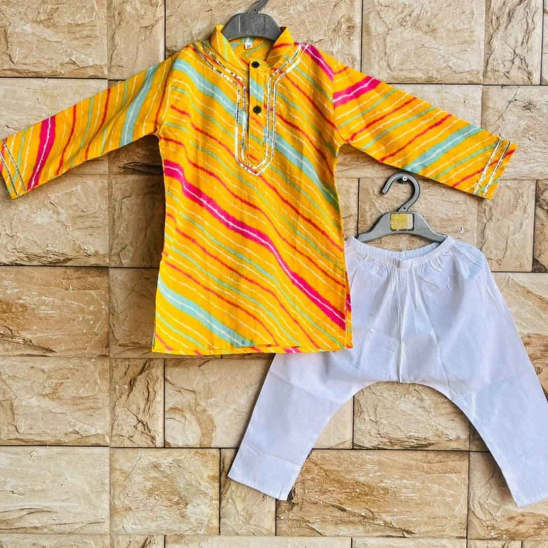 Yellow Leheriya Kurta With White Pajama