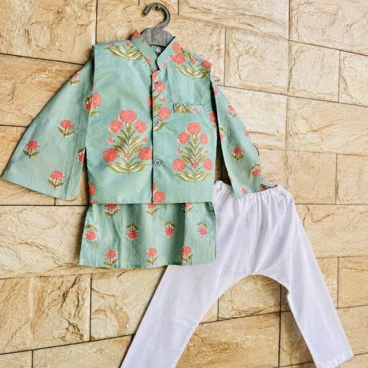 Pastel Green Block Printed Kurta Bundi Set for Boys